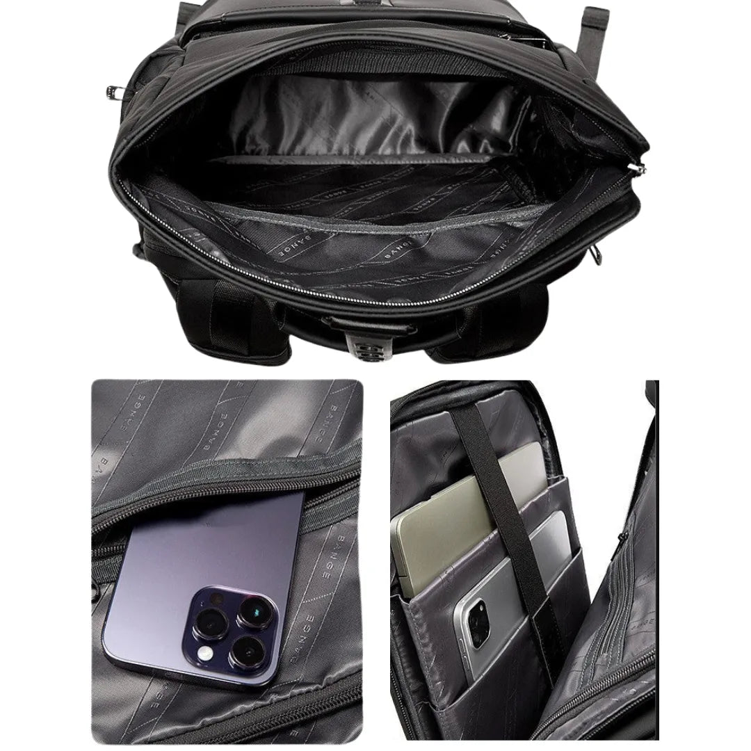 Mochila masculina de couro preto ELAVIER com punho reforçado