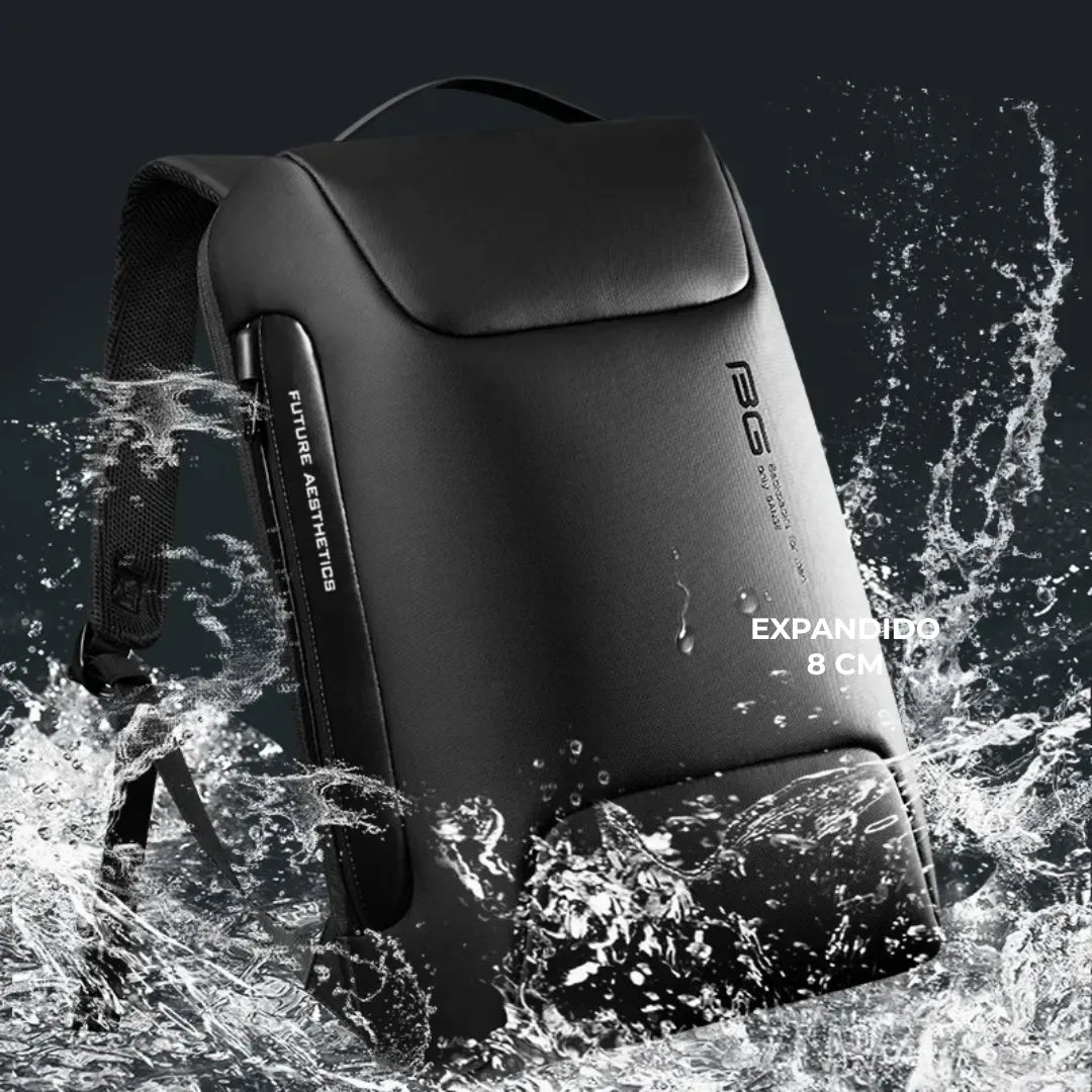 Detalhe da mochila Quantum Echo com couro genuíno e zíper interno