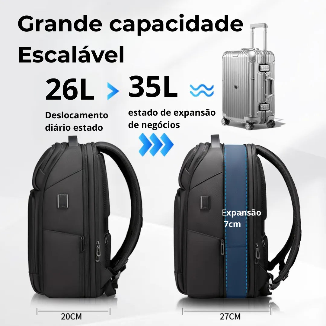 Vista interna da mochila Ferun com divisórias organizadas e bolso com zíper