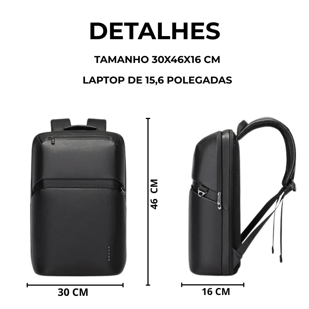 Vista frontal da mochila executiva de couro ELAVIER com design moderno