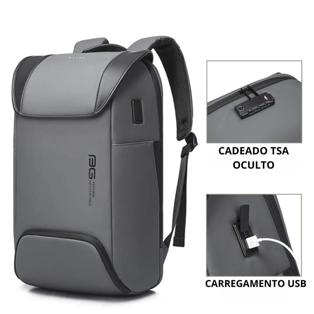 Detalhe da mochila Zephyr com cadeado TSA e porta USB lateral