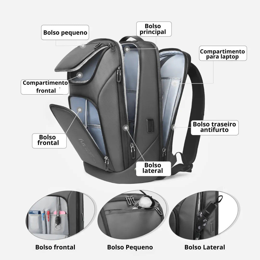 Vista traseira da mochila Halo com bolso antifurto e costas respiráveis