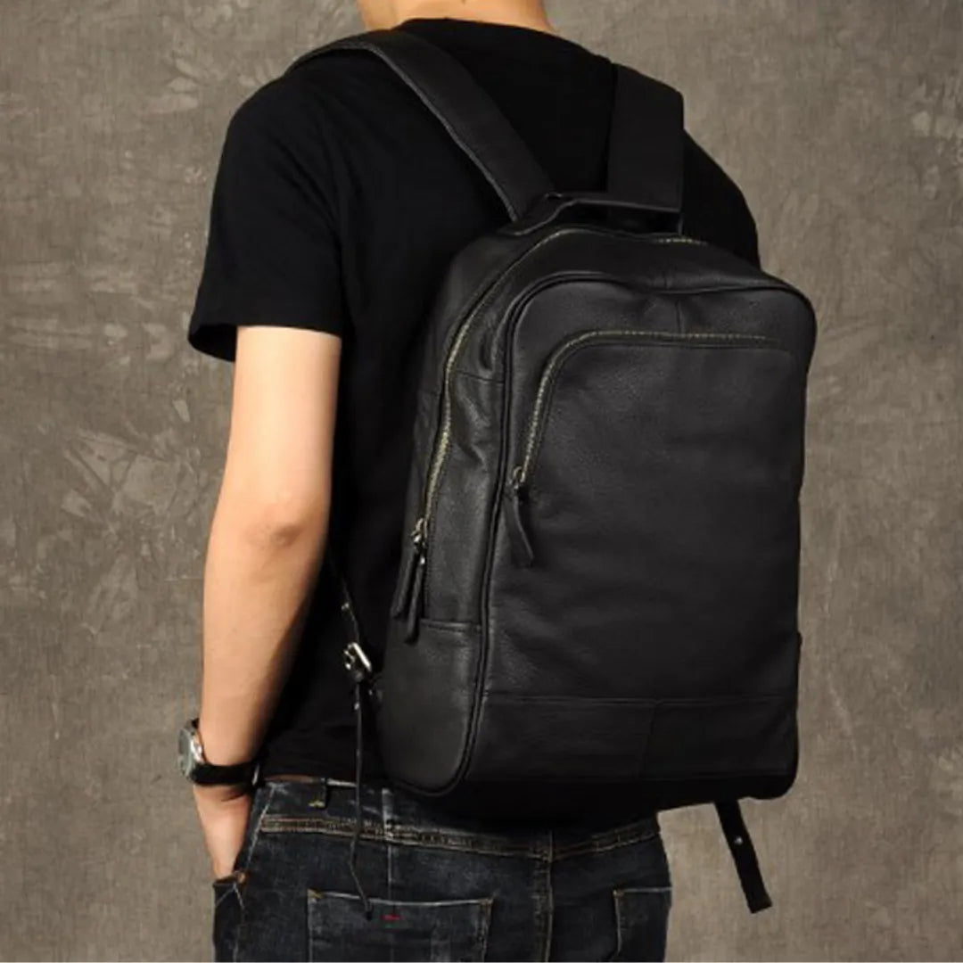 Mochila de couro masculina preta ELAVIER com zíper reforçado