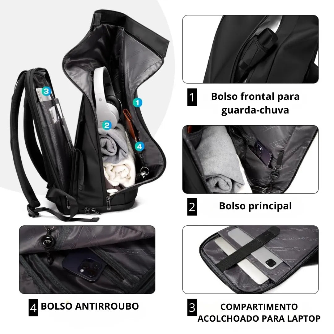Vista frontal da mochila executiva de viagem ELAVIER com bolsos