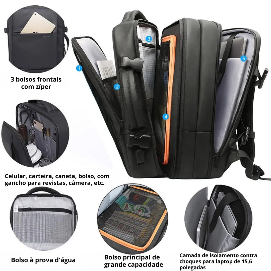 Mochila para notebook 15.6" com toque de couro e suporte para chaveiro